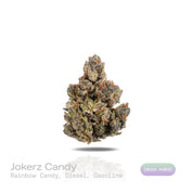 PUFFY Jokerz Candy is an indica-dominant hybrid THCa strain, born from the flavorful cross between Gummiez and Grape Gasoline. The aroma is a vivid blend of sweet rainbow candy, sharp diesel, and pungent gasoline, creating a bold and enticing scent that immediately captures attention. Visually, the dense buds display forest-green tones with deep purple hues, vibrant orange pistils, and a frosty trichome coating. Consumers often describe the effects as euphoric and uplifting, promoting happiness and mental c