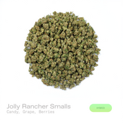 PUFFY Jolly Rancher (smalls) is a balanced hybrid THCa strain resulting from the strategic pairing of Purple Punch and Aloha Grape Stomper. The aroma bursts with sweet candy-like notes layered over ripe grape and juicy berry undertones. Visually, dense forest green buds with purple hues and fiery orange pistils are coated in sticky trichomes. Consumers often report an uplifting euphoric mood boost paired with heightened mental clarity and inspired thinking, along with a relaxing body sensation and sociable,