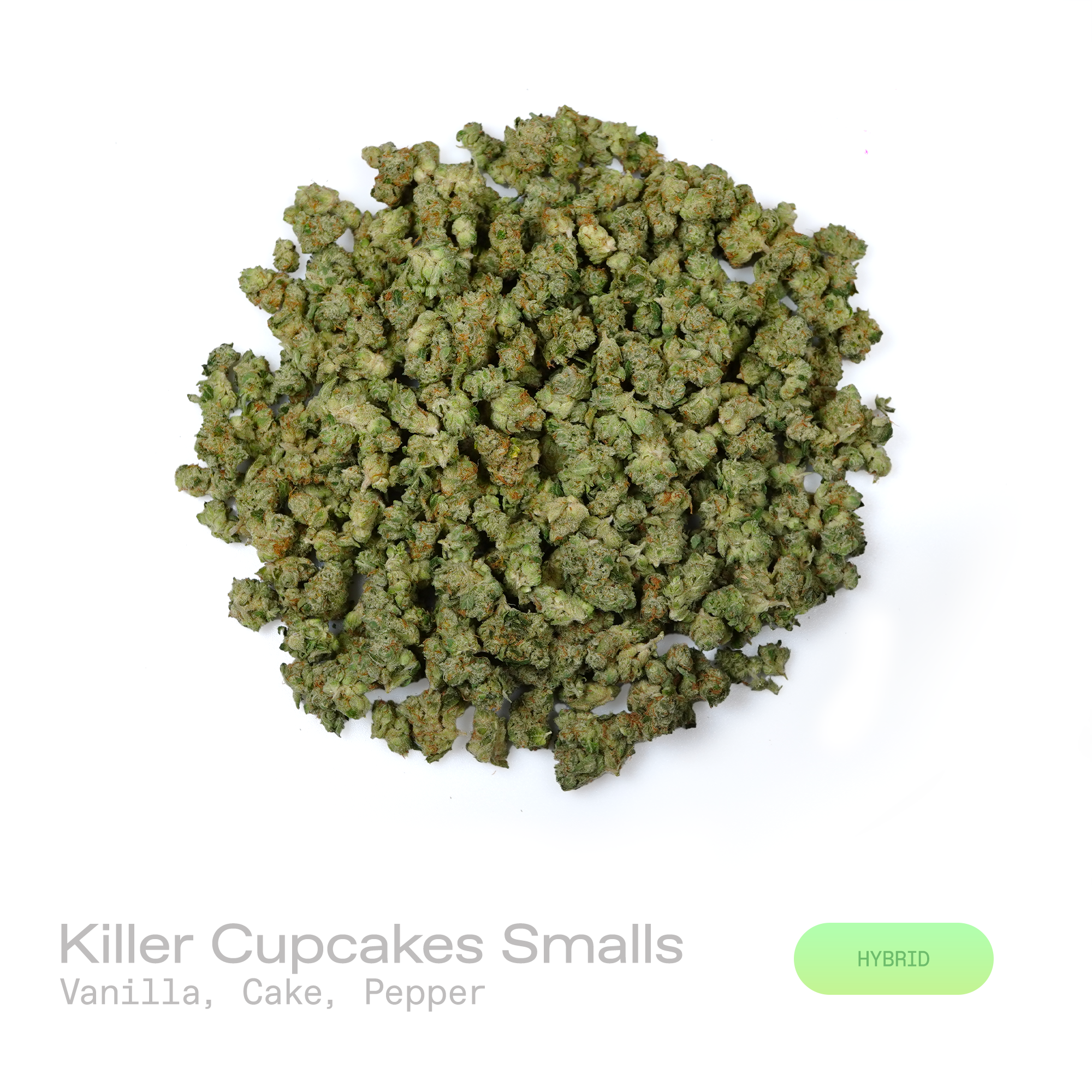 PUFFY Killer Cupcakes (smalls) is a balanced hybrid THCa strain bred from the unique genetic combination of (Killer Queen × Cindy-99) × Ice Cream Cake. The aroma is a decadent blend of sweet vanilla and rich cake notes, complemented by a subtle hint of pepper.  Visually, dense green buds with purple hues and fiery orange pistils are coated in sticky trichomes. Consumers often report feeling euphoric and uplifted, with enhanced focus and creativity, bursts of energy, and a calming sense of relaxation. 