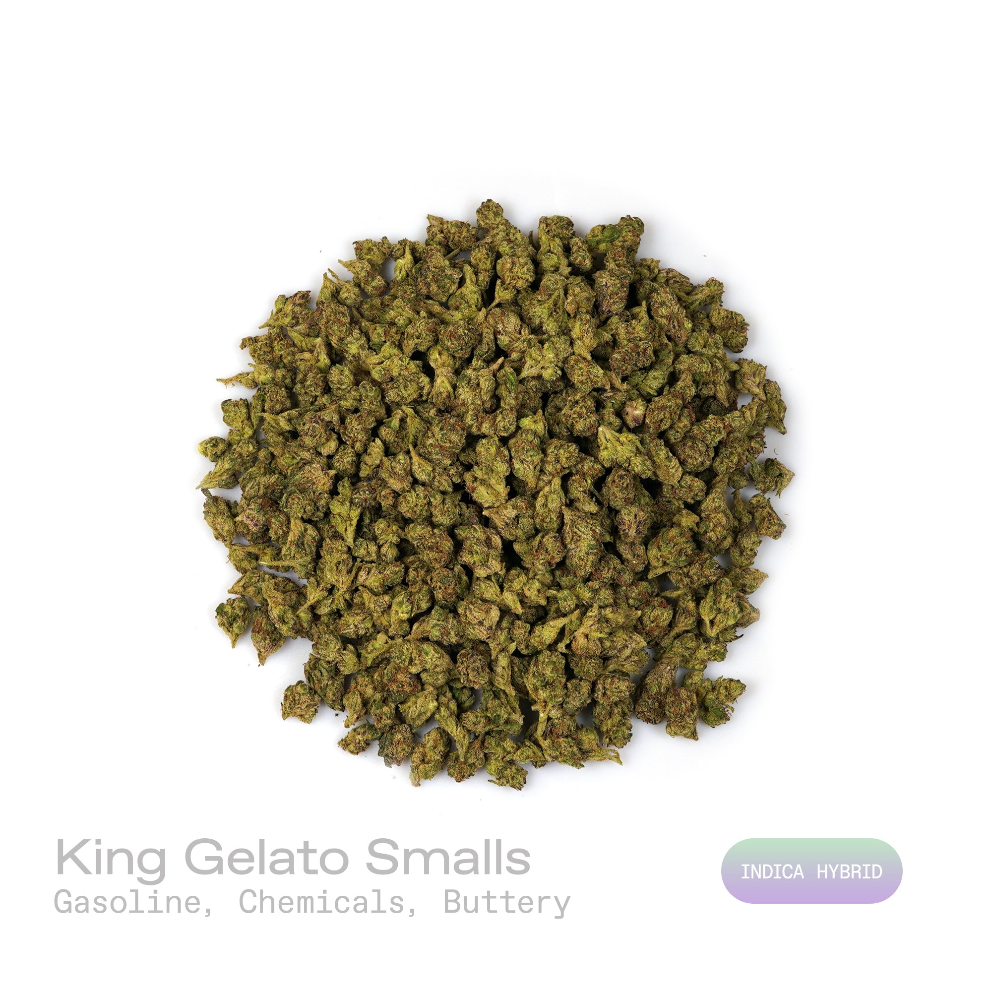 PUFFY King Gelato (smalls) is an indica-dominant hybrid THCa strain created from the potent pairing of High Octane and Curelato. The aroma presents a bold, fuel-like gasoline note, layered with sharp chemical undertones and rounded out by a smooth, rich buttery scent for a complex and striking fragrance. Visually, the dense buds showcase deep forest greens with dark accents, bright orange pistils, and a thick layer of sparkling trichomes. Consumers often describe an invigorating yet soothing experience, whe