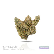 PUFFY King Louis is an indica-dominant hybrid THCa strain, crafted from the legendary lineage of OG Kush × LA Confidential. The aroma is a bold and striking blend of diesel, zesty lime, and cooling menthol, creating a sharp, invigorating, and unmistakably dynamic scent profile. Visually, the buds are dense and dark green with bright orange pistils and a sparkling, sticky trichome coat. Consumers often report a powerful body high that eases into deep relaxation, pairing euphoric calm with a soothing finish t