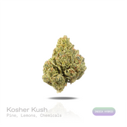 PUFFY Kosher Kush is an indica-dominant hybrid THCa strain consistently linked back to strong OG Kush genetics as its primary ancestral source. The aroma presents sharp pine and zesty lemon notes layered with distinct chemical undertones. Visually, dense forest green buds with hints of purple are threaded with fiery orange pistils and coated in a sparkling layer of sticky trichomes. Consumers often report a euphoric full-body relaxation that helps calm the mood while promoting a light sense of mental ease, 