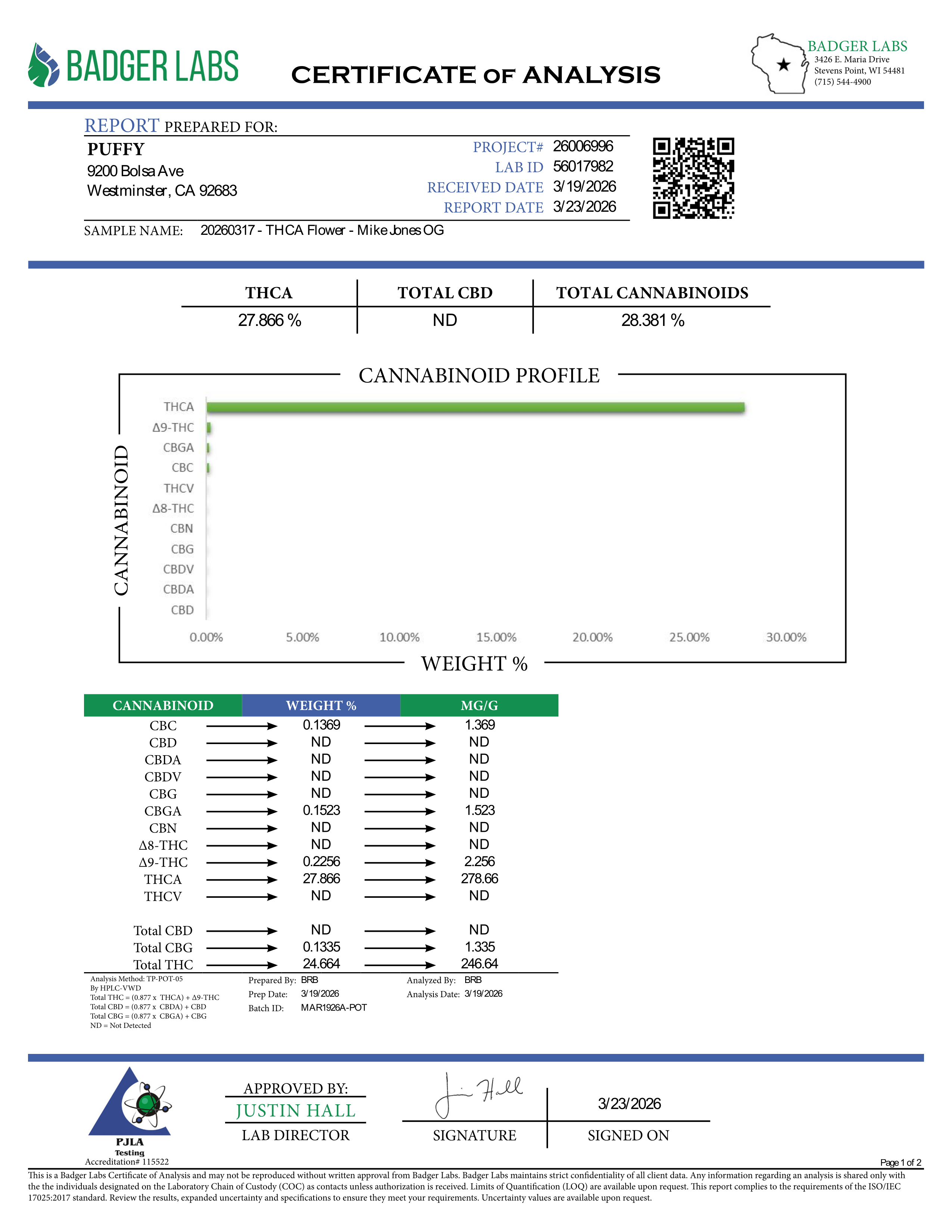 PUFFY Mike Jones OG is a balanced hybrid THCa strain, born from the hybridization of Creeper #2 and Tahoe Cherry Treat. The aroma bursts with sweet fruity notes layered over rich berries, all underscored by a pungent gassy finish. Visually, dense pine green buds with hints of purple are threaded with fiery orange pistils and coated in a sparkling layer of sticky trichomes. Consumers often report a euphoric and uplifting high that gradually settles into a smooth, calming sense of relaxation.