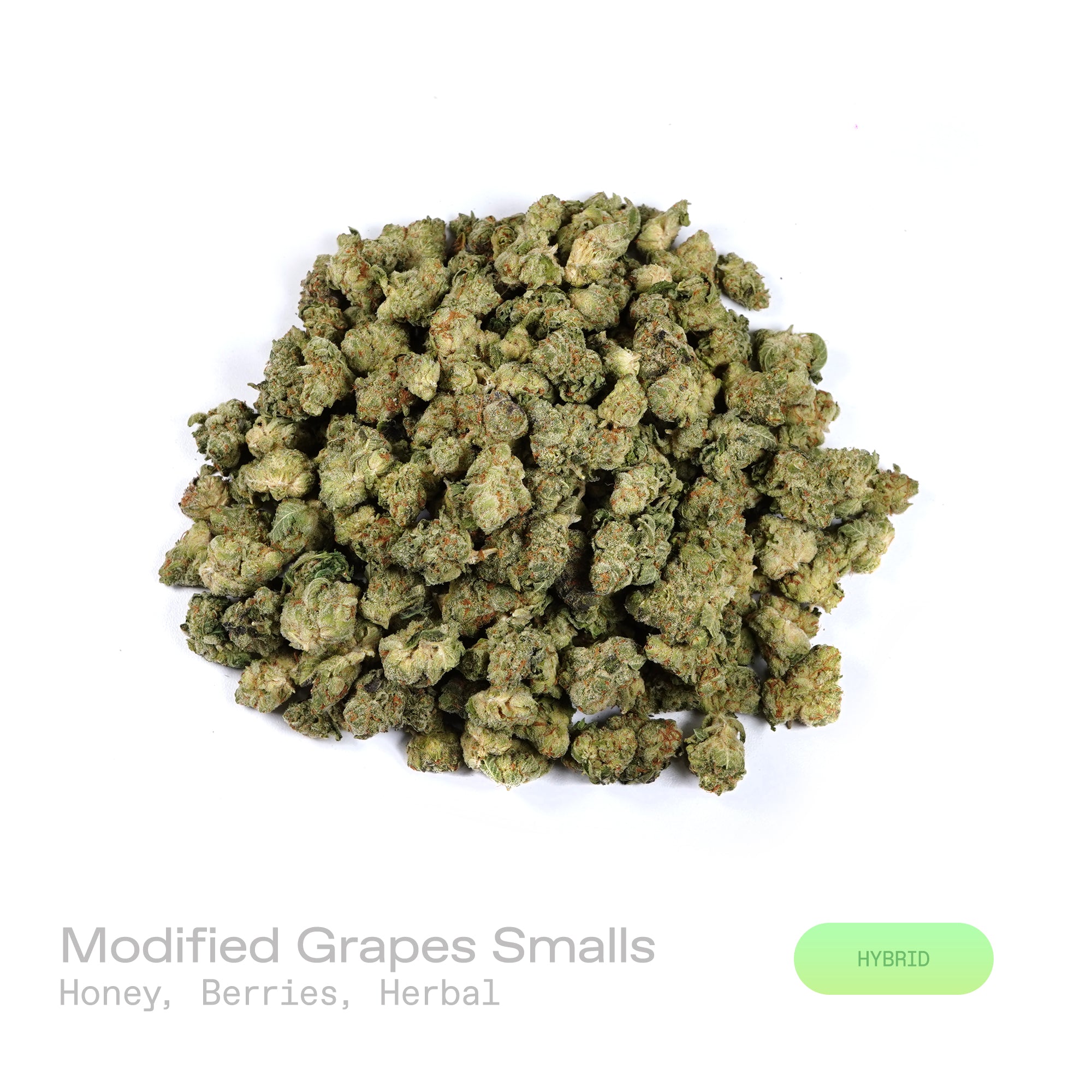 PUFFY Modified Grapes (smalls) is a balanced hybrid THCa strain crafted from the exceptional cross of GMO and Purple Punch. The aroma is a sweet and inviting blend of honey and ripe berries, complemented by subtle herbal notes. Visually, dense forest green buds with purple hues and fiery orange pistils are coated in sticky trichomes. Consumers often report a lifting wave of euphoria that elevates mood, sparks creativity, encourages warm and friendly social interactions, and promotes a relaxing experience id
