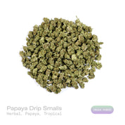 PUFFY Papaya Drip (smalls) is an indica-dominant hybrid THCa strain with genetics that have not been publicly confirmed, leaving its exact lineage undisclosed. The aroma is a fragrant blend of herbal notes and ripe papaya, finishing distinctly tropical. Visually, dense forest green buds with purple hues and fiery orange pistils are coated in sticky trichomes. Consumers often report feeling euphoric, focused, relaxed, and uplifted, with a balanced sense of mental clarity and calm.