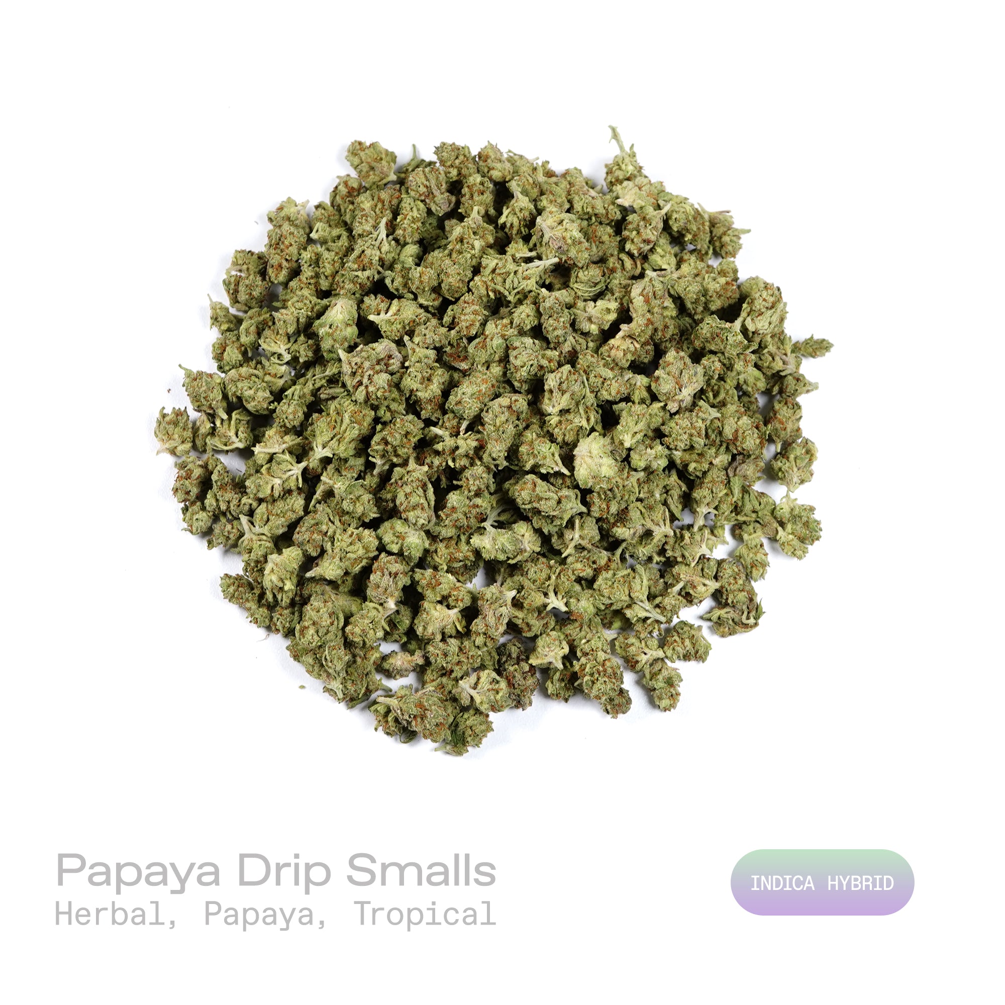 PUFFY Papaya Drip (smalls) is an indica-dominant hybrid THCa strain with genetics that have not been publicly confirmed, leaving its exact lineage undisclosed. The aroma is a fragrant blend of herbal notes and ripe papaya, finishing distinctly tropical. Visually, dense forest green buds with purple hues and fiery orange pistils are coated in sticky trichomes. Consumers often report feeling euphoric, focused, relaxed, and uplifted, with a balanced sense of mental clarity and calm.