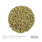 PUFFY Papaya Punch (smalls) is an indica-dominant hybrid THCa strain crafted from the flavorful union of Papaya and Purple Punch. The aroma is a vibrant blend of papaya and tropical fruits, underscored by a subtle, yeasty note that adds depth and complexity. Visually, the buds are dense and heart-shaped, showcasing a vibrant forest green color accented by fiery orange hairs and a thick, frosty coating of milky amber trichomes. Consumers often report a smooth high, beginning with a gentle cerebral uplift tha