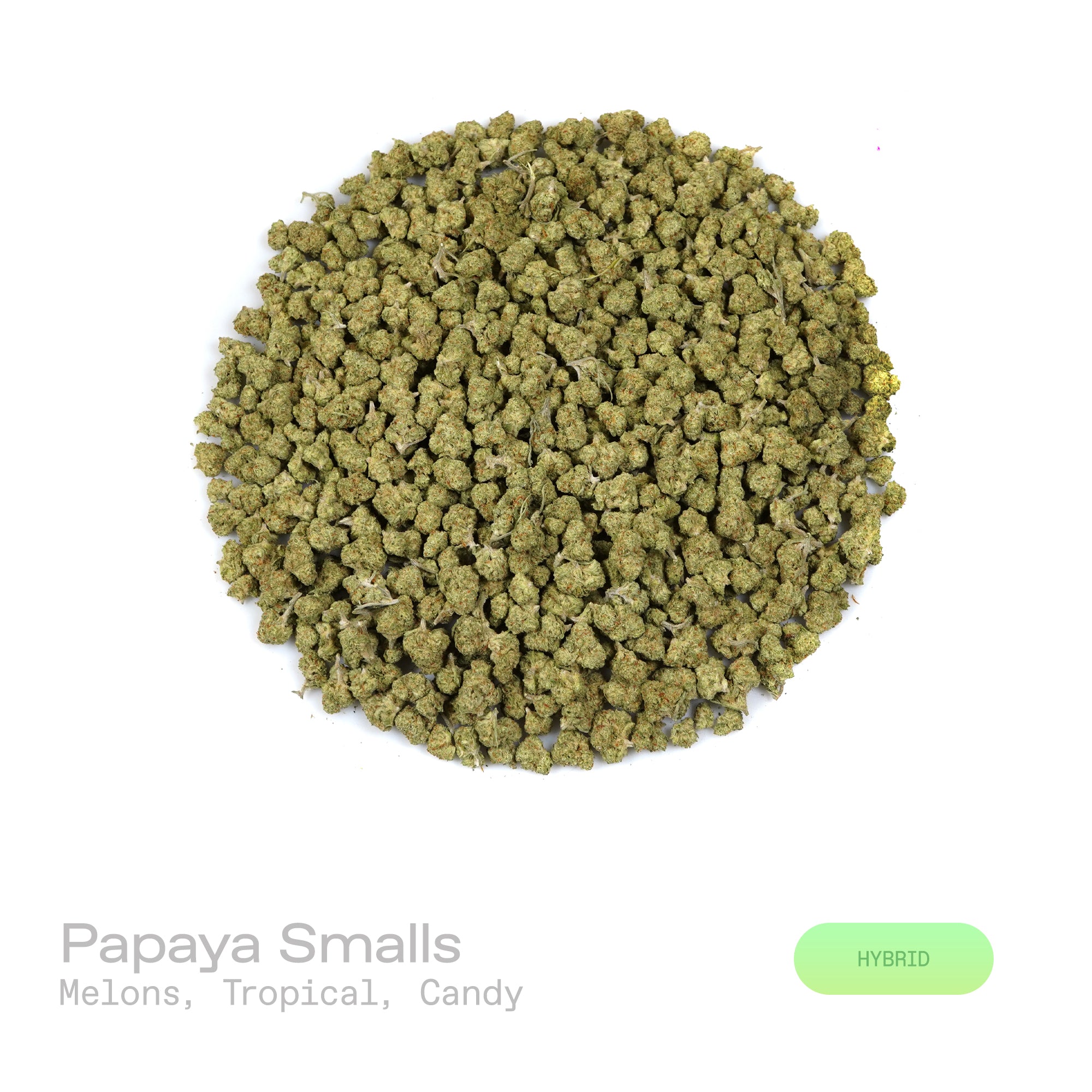PUFFY Papaya (smalls) is a balanced hybrid THCa strain created from a cross between Citral #13 and Ice #2. Aroma is a vibrant blend of ripe melons, lush tropical fruit, and sweet candy notes. Visually, dense spring green buds with purple hues and fiery orange pistils are coated in sticky trichomes.  Consumers often describe the effects as euphoric and uplifting, delivering a gentle cerebral buzz that elevates mood before gradually settling into a soothing full-body calm ideal for relaxation and unwinding. 