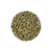 PUFFY Peach Ringz is an indica-dominant hybrid THCa strain born from the flavorful cross of Marionberry and Eddy OG. The aroma bursts with gassy, sweet, and fruity notes, creating an enticing and vibrant sensory experience. Visually, the buds are bushy and densely packed, covered in glistening trichomes with minty  green tones and dark olive undertones. Consumers frequently describe this strain as offering a harmonious experience, starting with a light, uplifting mental clarity that brightens the mood, foll