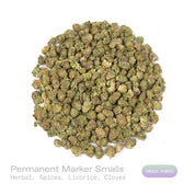PUFFY Permanent Marker (smalls) is an indica-dominant hybrid THCa strain, born from the complex cross of Biscotti, Jealousy, and Sherbet BX. The aroma is a rich blend of herbal notes layered with warm spices, highlighted by distinct hints of licorice and clove. Visually striking, the buds feature deep purple and green hues, bright orange pistils, and a thick coating of sparkling resinous trichomes. Consumers often report a blissful euphoria that uplifts the mood, sparks creativity, creates gentle tingling s