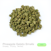 PUFFY Pineapple Gelato (smalls) is a balanced hybrid THCa strain defined by the masterful crossing of Sunset Sherbet and Thin Mint Girl Scout Cookies. The aroma is a creamy and fruity blend with a smooth herbal finish. Visually, dense forest green buds with purple hues and fiery orange pistils are coated in sticky trichomes. Consumers often report feeling euphoric, social, and energized, with a lively sense of positivity and an inspired, creative mindset. 