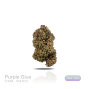 PUFFY Purple Glue is an indica-dominant hybrid THCa strain, crafted from the legendary cross of Purple Kush and Gorilla Glue #4 (GG4). The aroma is rich and inviting, combining smooth creamy notes with a warm, buttery finish for a decadent profile. Visually, the buds are dense and resinous with green and purple tones, bright orange pistils, and a frosty trichome finish. Consumers describe a high that opens with a burst of euphoria and mental lift before melting into a soothing full-body calm, making it a fa