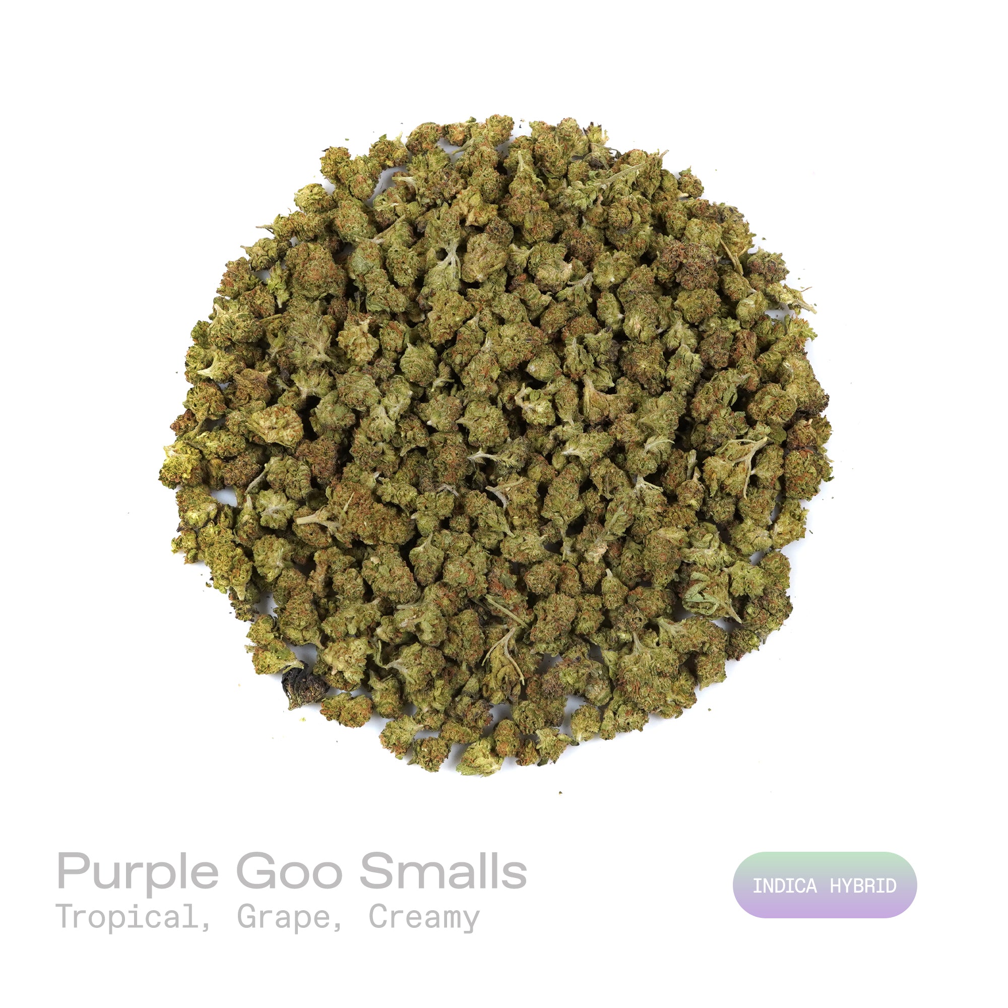 PUFFY Purple Goo (smalls) is an indica-dominant hybrid THCa strain, bred from the iconic pairing of Afgoo and Purple Kush. The aroma is a luscious blend of tropical fruits, sweet grape, and smooth, creamy undertones. Visually, dense green buds with purple hues and fiery orange pistils are coated in sticky trichomes. Consumers often report a gentle wave of mental clarity paired with a soothing, full-body calm that leaves them uplifted.