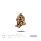 PUFFY Rainbow Zushi is an indica-dominant hybrid THCa strain derived from the premium lineage of Original Z and Blue Zushi. The aroma is sweet and fruity, with a candy-like character that finishes with a tropical twist. Visually, dense forest green buds with purple hues and fiery orange pistils are coated in sticky trichomes. Consumers often report experiencing euphoric and uplifting effects paired with a calming, relaxing sensation that promotes a balanced sense of comfort. 