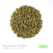 PUFFY Royal Gas (smalls) is a balanced hybrid THCa strain bred through the premium union of Royal and Afghan. The aroma is a bold and pungent blend, combining sharp skunk notes with a hint of savory onions for a striking and memorable scent. Visually, dense deep forest green buds with purple hues and fiery orange pistils are coated in sticky trichomes. Consumers often report a euphoric and deeply relaxing experience, accompanied by a calm yet slightly clear-headed mental state that allows them to remain foc