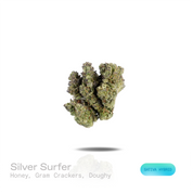 PUFFY Silver Surfer is a sativa-dominant hybrid THCa strain descended from the iconic cross of Super Silver Haze and Blue Dream. The aroma is a sweet, honeyed blend with warm graham cracker notes and a rich, doughy finish. Visually, dense forest green buds with purple hues and fiery orange pistils are coated in sticky trichomes. Consumers often report a euphoric, energetic, and mentally stimulating high that enhances creativity and focus before gradually settling into a gentle, deeply relaxing sense of body