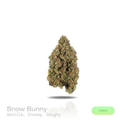 PUFFY Snow Bunny is a balanced hybrid THCa strain, showcasing an exclusive, undocumented cross crafted outside traditional genetic records. The aroma is a decadent blend of sweet vanilla, rich creaminess, and warm, doughy undertones, inviting you into a comforting and indulgent sensory experience. Visually, dense green buds with rich purple hues and fiery orange pistils, all snow covered in a thick, glistening layer of sticky trichomes. Consumers often report an uplifting euphoria with a cheerful mood, clea