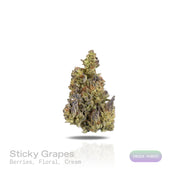PUFFY Sticky Grapes is an indica-dominant hybrid THCa strain crafted from a flavorful blend of Sticky Toffee and Grape Cream Cake Mints. The aroma is a rich blend of sweet berries, delicate floral notes, and smooth creamy undertones. Visually, dense deep green buds with purple hues and fiery orange pistils are coated in sticky trichomes. Consumers often report an initial wave of euphoria accompanied by heightened creativity and uplifted mood, followed by soothing body relaxation and gentle tension relief.
