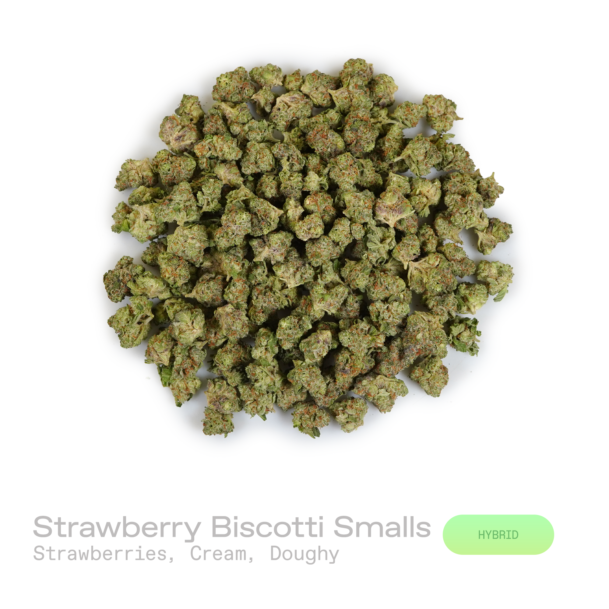 PUFFY Strawberry Biscotti (smalls) is a balanced hybrid THCa strain crafted through the masterful blend of Strawberry Kush and Biscotti Sundae. The aroma opens with the sweet, juicy scent of ripe strawberries, layered with smooth, creamy undertones and finished by a rich, freshly baked doughy warmth. Visually, dense forest green buds with purple hues and fiery orange pistils are coated in sticky trichomes. Consumers often report an uplifting sense of euphoria that sparks creativity and mental clarity before