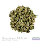 PUFFY Super Lemon OG (smalls) is an indica-dominant hybrid THCa strain crafted through the distinctive blend of Super Lemon Haze and Captain Krypt OG. The aroma is a zesty blend of bright lime, pungent gassy notes, and warm, savory spices. Visually, dense forest green buds with purple hues and fiery orange pistils are coated in sticky trichomes. Consumers often report a euphoric and uplifting experience, complemented by energizing effects and heightened creativity.