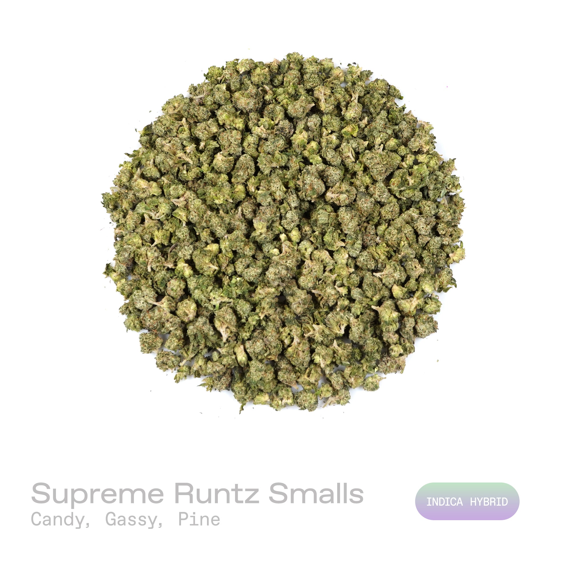 PUFFY Supreme Runtz (smalls) is an indica-dominant hybrid THCa strain, crafted from the powerhouse fusion of (Gucci × Blue Dream × Gorilla Glue) and Forbidden Runtz. The aroma is a rich blend of sweet candy notes layered with pungent gas and a crisp hint of pine. Visually, dense dark green buds with purple hues and fiery orange pistils are coated in sticky trichomes. Consumers often report euphoric, uplifting effects that ease into soothing physical relaxation, promoting a happy, creative, and sociable mood