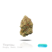 PUFFY Tiramisu is a sativa-dominant hybrid THCa strain, crafted from the decadent union of Wedding Cake and Gelato 45. The aroma is a rich blend of doughy, baked bread-like notes, soft sweetness, and smooth creamy undertones. Visually, dense forest green buds with purple hues and fiery orange pistils are coated in sticky trichomes. Consumers often report a euphoric, uplifted mood paired with bursts of energy, enhanced creativity, and focused mental clarity. 