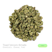PUFFY Toad Venom (smalls) is a balanced hybrid THCa strain resulting from the strategic pairing of Animal Face and Sin Mintz. The aroma combines sharp chemical notes, pungent cheese, and a strong fuel-like scent. Visually, the buds are dense, with forest green and purple tones, bright orange pistils, and a frosty trichome coating. Consumers often report an initial euphoric uplift that enhances creativity, focus, and overall mood, followed by a smooth, soothing body relaxation that gently settles the experie
