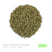 PUFFY Toad Venom (smalls) is a balanced hybrid THCa strain resulting from the strategic pairing of Animal Face and Sin Mintz. The aroma opens with a bold savory character layered with sharp onion notes and a pungent gassy finish. Visually, the buds are dense, with forest green and purple tones, bright orange pistils, and a frosty trichome coating. Consumers often report an initial euphoric uplift that enhances creativity, focus, and overall mood, followed by a smooth, soothing body relaxation that gently se
