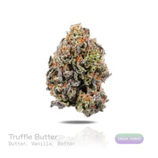 PUFFY Truffle Butter is an Indica-dominant hybrid THCa strain, born from the flavorful cross of Gelato and Chocolate Kush. The aroma is rich and creamy, blending buttery notes with smooth vanilla and sweet, freshly baked batter. Visually, the buds are dense and striking, showcasing a deep forest-green base with vibrant purple hues, bright orange pistils, and a sparkling coating of trichomes. Consumers often report an initial burst of euphoria and uplifted mood, gradually giving way to deep physical relaxati