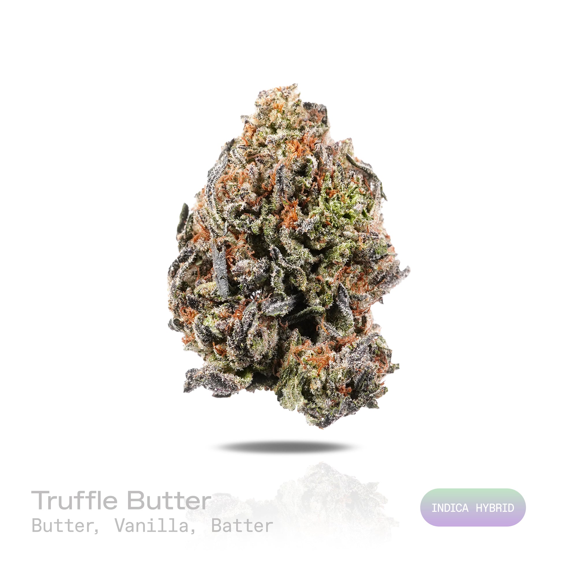 PUFFY Truffle Butter is an Indica-dominant hybrid THCa strain, born from the flavorful cross of Gelato and Chocolate Kush. The aroma is rich and creamy, blending buttery notes with smooth vanilla and sweet, freshly baked batter. Visually, the buds are dense and striking, showcasing a deep forest-green base with vibrant purple hues, bright orange pistils, and a sparkling coating of trichomes. Consumers often report an initial burst of euphoria and uplifted mood, gradually giving way to deep physical relaxati