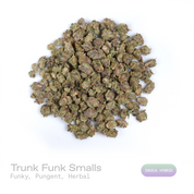 PUFFY Trunk Funk (smalls) is an indica-dominant hybrid THCa strain resulting from the expertly blended union of White Tahoe Cookies and Do-Si-Do. The aroma is distinctly funky and pungent, with a bold, lingering herbal finish. Visually, dense dark green buds with purple hues and fiery orange pistils are coated in sticky trichomes. Consumers often report a euphoric, deeply relaxing experience accompanied by a calming body high that promotes a sense of physical and mental ease. 