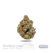 PUFFY Wedding Cake is an indica-dominant hybrid THCa strain created by crossing Triangle Cherry Pie and Girl Scout Cookies (GSC). The aroma is a bold and intriguing blend of gassy fuel notes, refreshing mint, and a distinctive skunky undertone. Visually, the buds are dense and vibrant, with forest green and purple hues coated in frosty trichomes and bright orange pistils. Consumers often report a euphoric, uplifted mood paired with a relaxing body high, along with a creative and social spark in lighter use.