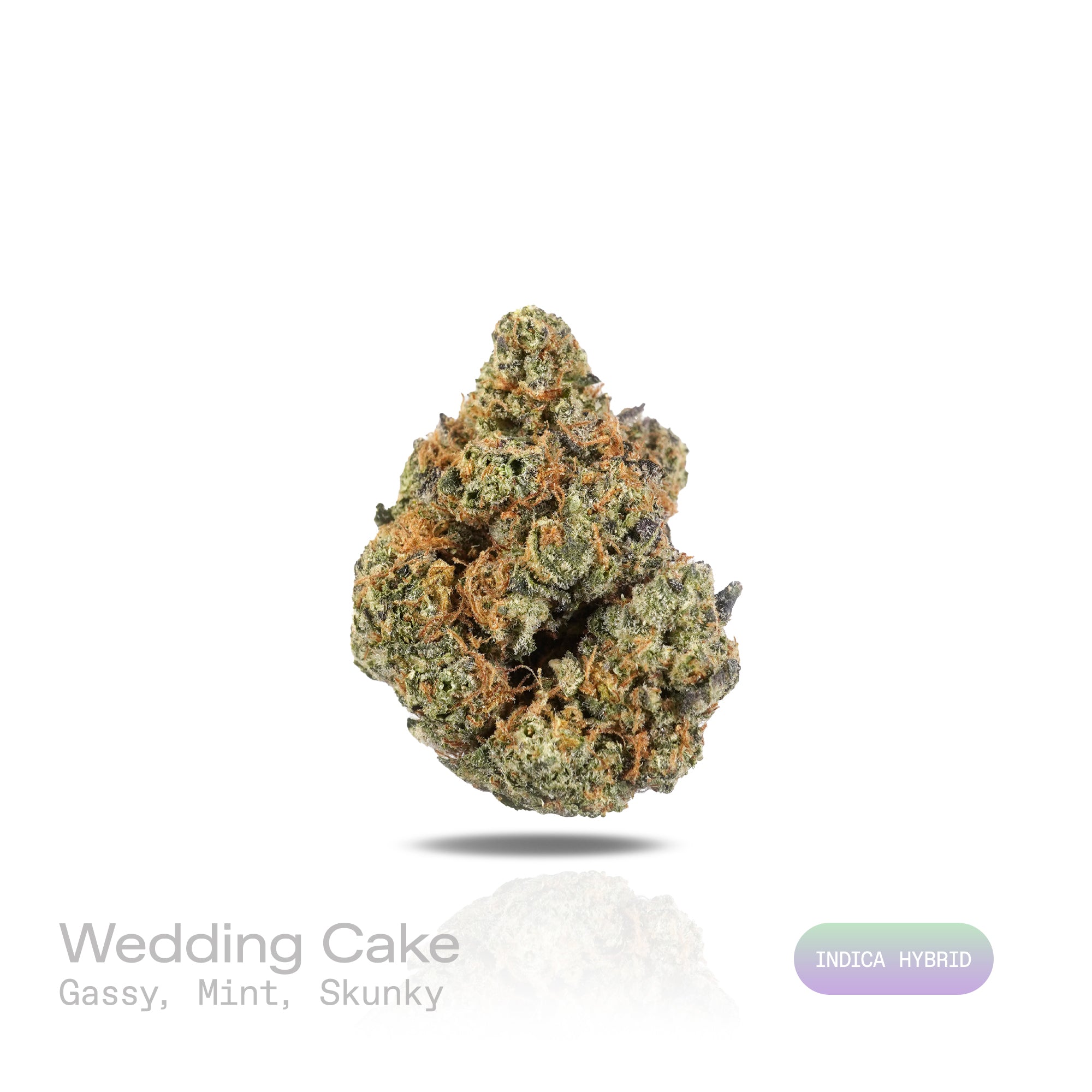 PUFFY Wedding Cake is an indica-dominant hybrid THCa strain created by crossing Triangle Cherry Pie and Girl Scout Cookies (GSC). The aroma is a bold and intriguing blend of gassy fuel notes, refreshing mint, and a distinctive skunky undertone. Visually, the buds are dense and vibrant, with forest green and purple hues coated in frosty trichomes and bright orange pistils. Consumers often report a euphoric, uplifted mood paired with a relaxing body high, along with a creative and social spark in lighter use.