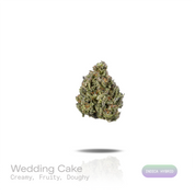 PUFFY Wedding Cake is an indica-dominant hybrid THCa strain created by crossing Triangle Cherry Pie and Girl Scout Cookies (GSC). The aroma blends rich creamy sweetness with vibrant fruity notes and a warm, freshly baked doughy finish. Visually, the buds are dense and vibrant, with forest green and purple hues coated in frosty trichomes and bright orange pistils. Consumers often report a euphoric, uplifted mood paired with a relaxing body high, along with a creative and social spark in lighter use. 