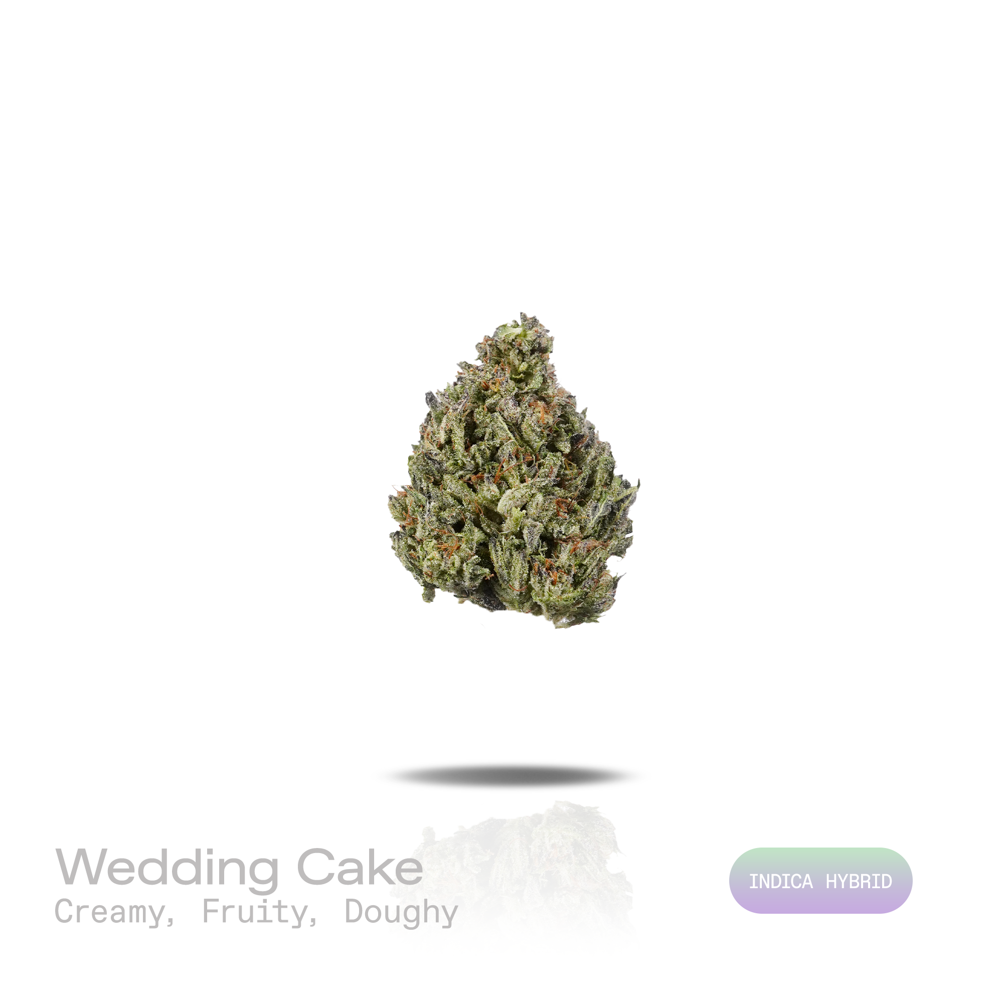 PUFFY Wedding Cake is an indica-dominant hybrid THCa strain created by crossing Triangle Cherry Pie and Girl Scout Cookies (GSC). The aroma blends rich creamy sweetness with vibrant fruity notes and a warm, freshly baked doughy finish. Visually, the buds are dense and vibrant, with forest green and purple hues coated in frosty trichomes and bright orange pistils. Consumers often report a euphoric, uplifted mood paired with a relaxing body high, along with a creative and social spark in lighter use. 