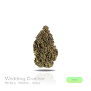 PUFFY Wedding Crasher is a balanced hybrid THCa strain, born from the flavorful union of Wedding Cake × Purple Punch. The aroma is a captivating blend of herbal, smoky, and gassy notes, creating a rich and distinctive scent profile. Visually, the buds are tightly formed, displaying green and purple hues highlighted by bright orange pistils and a thick coating of sparkling trichomes that create a frosty finish. Consumers often report feeling euphoric, focused, and deeply relaxed, accompanied by a happy, upli