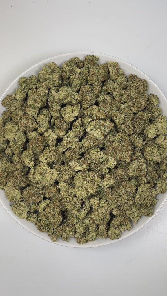 PUFFY Peach Ringz is an indica-dominant hybrid THCa strain born from the flavorful cross of Marionberry and Eddy OG. The aroma bursts with gassy, sweet, and fruity notes, creating an enticing and vibrant sensory experience. Visually, the buds are bushy and densely packed, covered in glistening trichomes with minty  green tones and dark olive undertones. Consumers frequently describe this strain as offering a harmonious experience, starting with a light, uplifting mental clarity that brightens the mood, foll