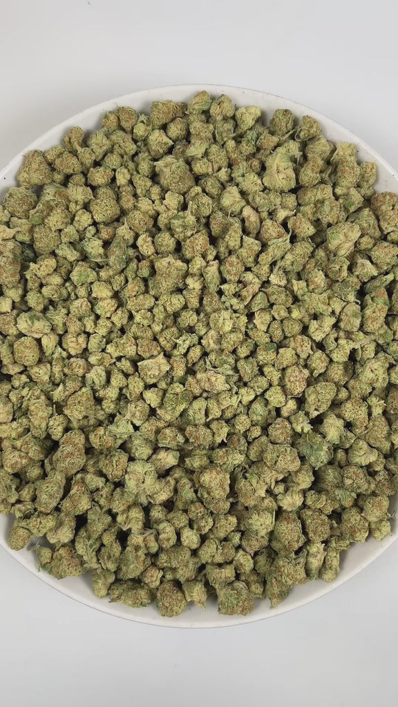 PUFFY Papaya Punch (smalls) is an indica-dominant hybrid THCa strain crafted from the flavorful union of Papaya and Purple Punch. The aroma is a vibrant blend of papaya and tropical fruits, underscored by a subtle, yeasty note that adds depth and complexity. Visually, the buds are dense and heart-shaped, showcasing a vibrant forest green color accented by fiery orange hairs and a thick, frosty coating of milky amber trichomes. Consumers often report a smooth high, beginning with a gentle cerebral uplift tha