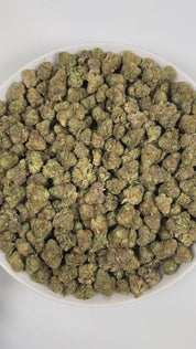 PUFFY Glitter Bomb is an indica-dominant hybrid THCa strain born from the flavorful cross of Grape Gas #10 and OGKB Blueberry Headband. The aroma is a captivating blend of floral notes, rich gassy undertones, and a burst of tropical sweetness. Visually, the buds are dense and deep forest green with striking purple hues, bright orange pistils, and a heavy coating of sparkling white trichomes. Consumers report a bright rush of cerebral uplift that gently settles into a soothing, full-body calm, leaving them g