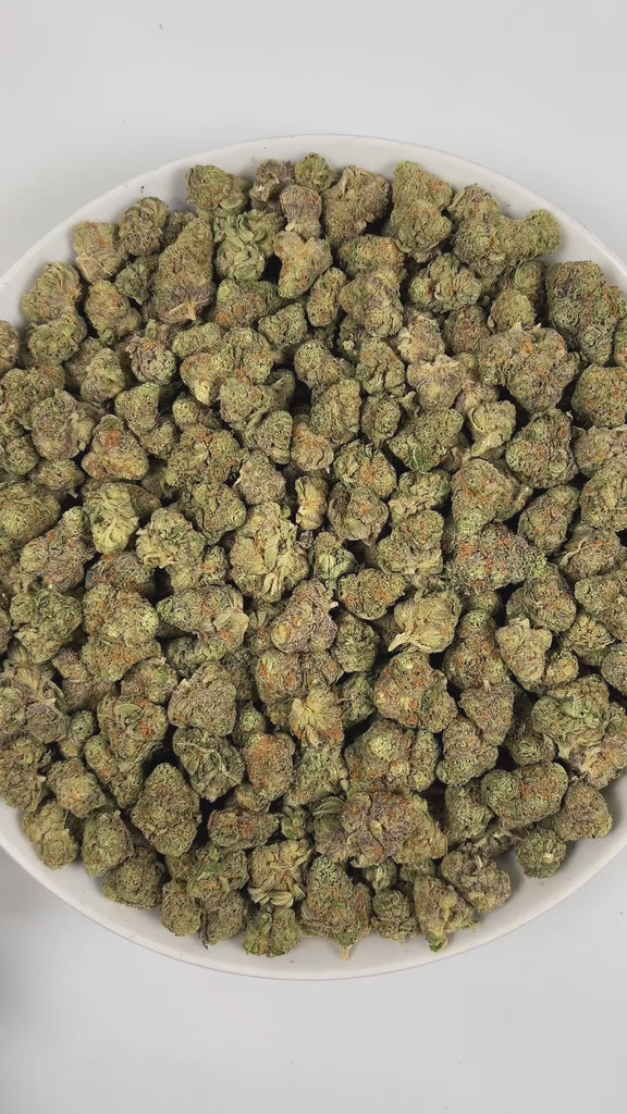 PUFFY Glitter Bomb is an indica-dominant hybrid THCa strain born from the flavorful cross of Grape Gas #10 and OGKB Blueberry Headband. The aroma is a captivating blend of floral notes, rich gassy undertones, and a burst of tropical sweetness. Visually, the buds are dense and deep forest green with striking purple hues, bright orange pistils, and a heavy coating of sparkling white trichomes. Consumers report a bright rush of cerebral uplift that gently settles into a soothing, full-body calm, leaving them g